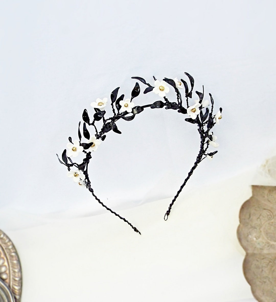 Black Leaf Tiara Black and White Flower Crown Black Bridal Tiara 189 Etsy