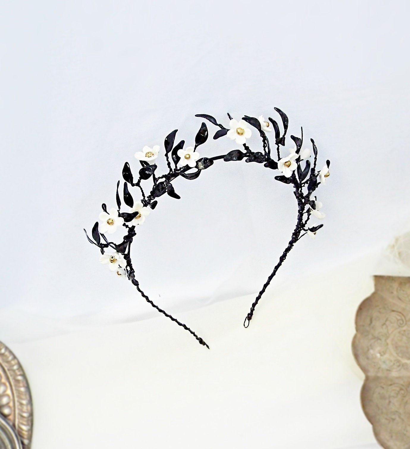 Black leaf Tiara Black and white flower crown Black bridal Etsy