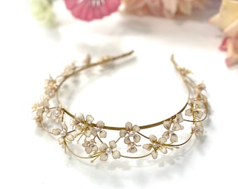 Bridal tiara, Beaded bridal headpiece, Golden Bridal crown, Tiara, Wedding Floral Headband, Gold beaded tiara #357