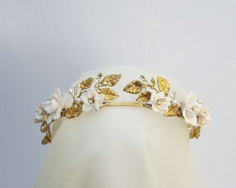 Bridal tiara, Beaded bridal headpiece, Golden Bridal crown, Tiara, Wedding Floral Headband, Gold beaded tiara #271