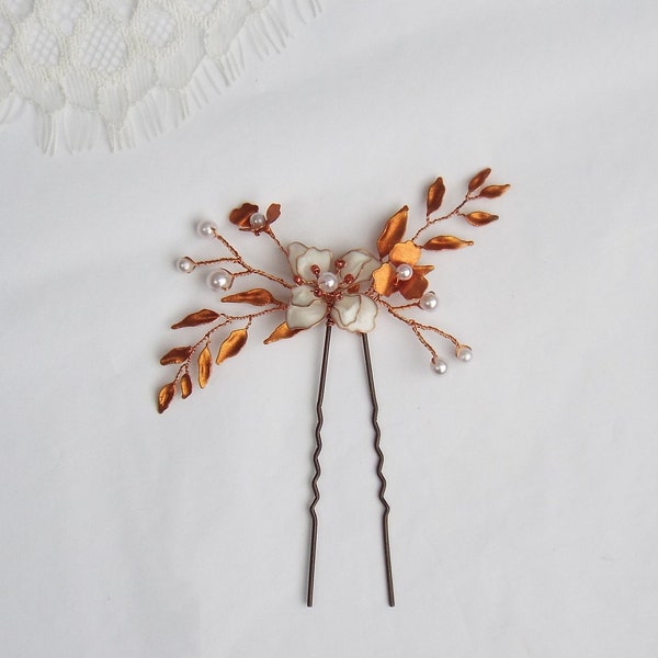 Copper hair pin, Bridal flower hairpin #404