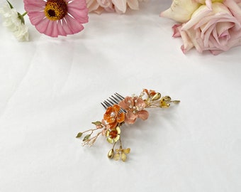 Gold and white bridal Comb, flower hair comb,  wedding comb, Golden Bridal hair piece  #415