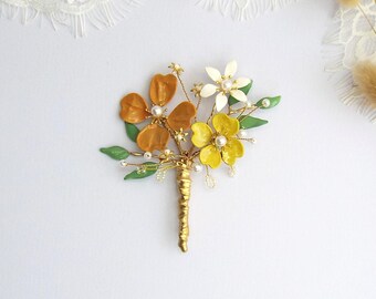 Boho flower Boutonniere, Orange and yellow grooms pin, Retro Boutonniere, 1970s style  #356