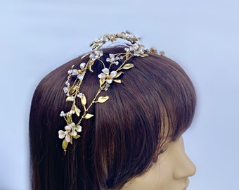 Bridal tiara, Beaded bridal headpiece, Purple and Pink flower Tiara, Wedding Floral Headband, Gold beaded tiara #472