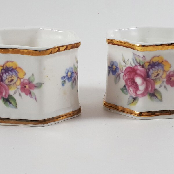 Bone China Napkin Rings in box two vintage Sheer Elegance floral napkin rings with gilding