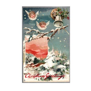 Carte postale antique de Noël Tuck Anges et cloche sur une scène enneigée ; Cartes postales de Noël Raphael Tuck and Sons série 136 imprimées en Saxe