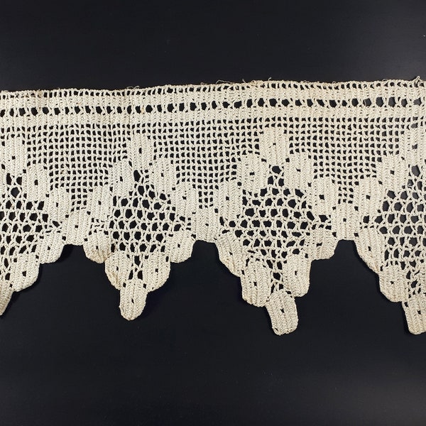 Antique or vintage hand crocheted edging panel 14 inches long; ecru vintage crochet panel