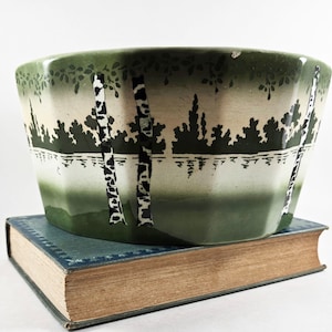 Craftsman style cachepot or jardiniere; vintage or antique flower pot container; arts and crafts inspired ceramic bowl; birch tree scene