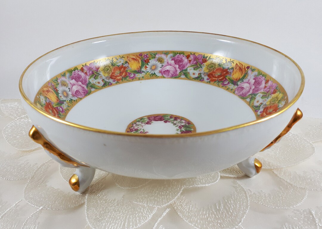 Footed Limoges Bowl Floral Banded and Gilded Bowl From France Etsy