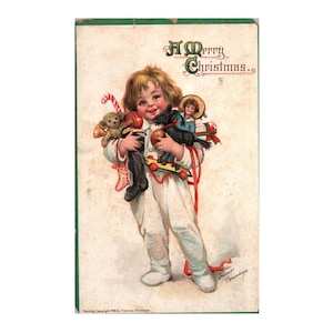 Carte postale de Noël de Frances Brundage divisée en 1912 ; enfant en dormeur tenant une brassée de jouets ; Série 208 de Noël en relief de fabrication allemande