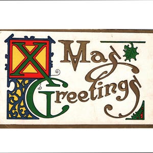 Carte postale de Noël ancienne Salutations de Noël dans un style d'écriture lumineuse ; Carte de Noël gaufrée non postée mais usagée