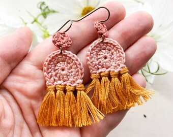 Pink Round Earrings Boho Tassel Earrings Fiber Wrapped Earrings Modern Boho Earrings Fiber Jewelry