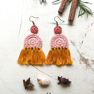 Pink/Mustard Tassel Earrings, Crochet Earrings