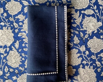 Dot Embroider Navy Linen Napkin, Set of 4