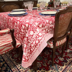 Tablecloth Red Floral, Block Print, Rectangular