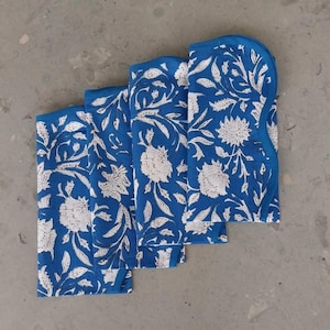 Cotton Block Printed Napkin with Scalloped Edging – 20x20” Handcrafted Blue and White  Floral Design, sets of 4 or 6