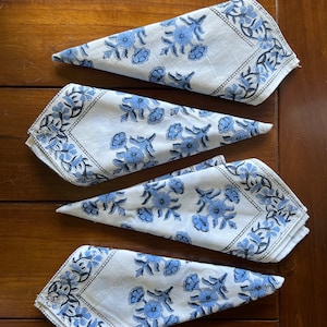 Blue Floral Napkins, Cotton Block Print, sets