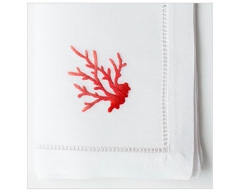 Hand Embroidered Cotton Coral Napkins, set of 2