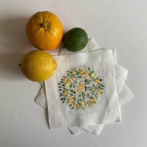 Linen Cocktail Napkins, Orange Grove, Embroidered , Sets of 4