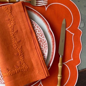 Tangerine Vine Embroidered Linen Napkins, set of 2