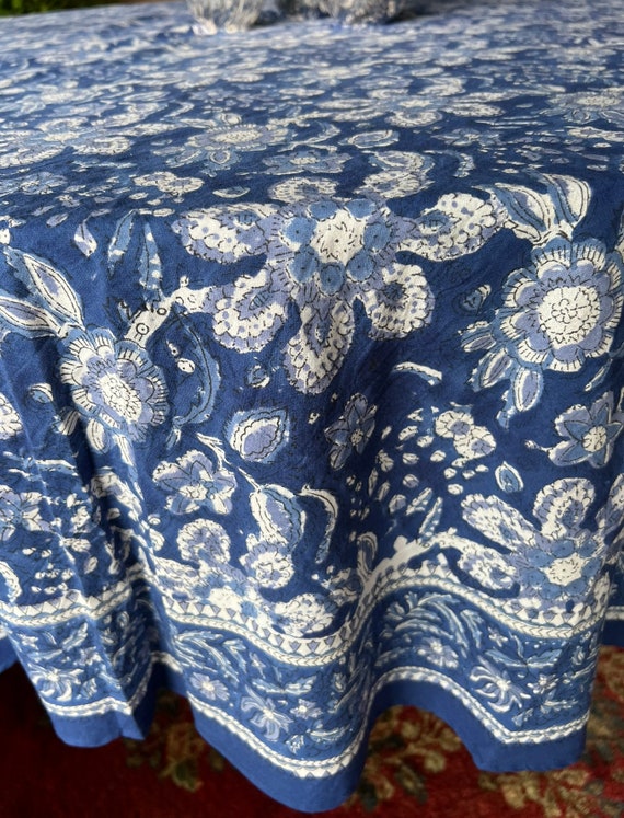 Blue Floral Block Print 90” Cotton Tablecloth