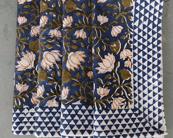 Set of 6 Cotton Block Printed Napkins – 20x20” Handcrafted Floral & Geometric Design. Dark Navy with Greens.