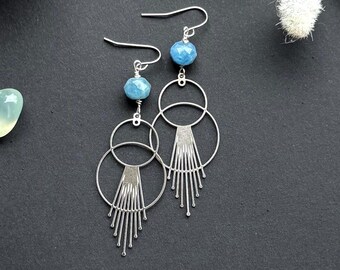 Aquamarine Dangle Earrings, Geometric Stainless Steel Sunburst, Sterling Silver Wire