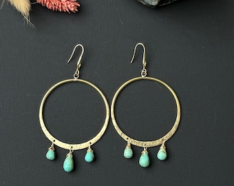 Gold Fringe Turquoise Dangle Earrings, Natural Turquoise Hoop Earrings, Boho Stone Earrings, Hammered Statement Turquoise Gemstone Drops