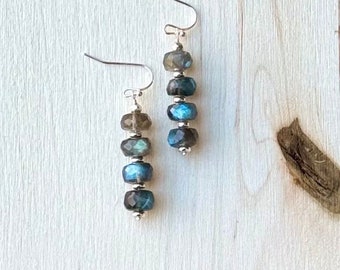 Fiery Labradorite Earrings, Stone Dangles, Rondelle Labradorite Earrings, 925 Silver Gemstone Earrings, Flashy Labradorite Jewelry, Stacked