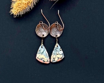 Maligano Jasper Teardrop Earrings, Antique Copper Multi Color Gemstone Dangles, Front Drilled Matching Jasper Stone Jewelry