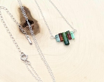925 Sterling Silver Ombre’ Tourmaline Bar Necklace, Multi-Color Watermelon Tourmaline Gemstone Jewelry