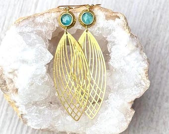 Teal Blue Kyanite Feather Earrings, Gold Plated Brass Dangles, Bohemian Style Jewelry