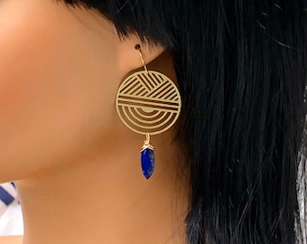 Lapis Lazuli Dangle Earrings, Gold Brass Pendants