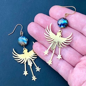 Eagle Labradorite Earrings, Celestial Gemstone Earrings, Statement Labradorite Earrings, Fiery Labradorite Jewelry, Edgy Stone Dangles