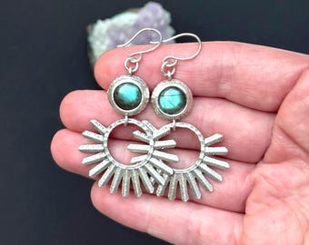 Unique Antique Silver Blue and Green Flashing Labradorite Earrings, Labradorite Statement Jewelry, Bohemian Gemstone Dangles