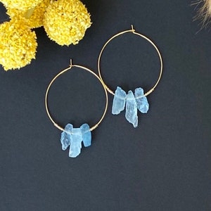 Raw Aquamarine Earrings, Gold Filled Aquamarine Crystal Hoops, Raw Gemstone Hoops, March Birthstone Earrings, Aquamarine Slice Hoops image 9