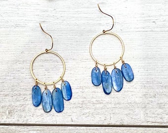 Kyanite Chandelier Earrings, Long Kyanite Earrings, Blue Stone Dangles, Gold Bohemian Earrings, Gemstone Drops, Chandelier Earrings