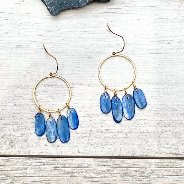 Kyanite Chandelier Earrings, Long Kyanite Earrings, Blue Stone Dangles, Gold Bohemian Earrings, Gemstone Drops, Chandelier Earrings