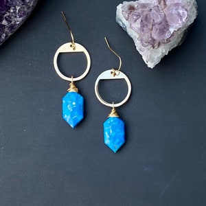 Turquoise Earrings, Gold Gemstone Earrings, Hexagon Stone Earrings, Genuine Turquoise Dangles, Blue Gemstone Earrings For Women