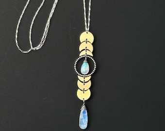 Mixed Metal Rainbow Moonstone Necklace, Sterling Silver, Brass Moon Phases