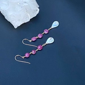 Gold Filled Pink Tourmaline and Rainbow Moonstone Earrings, Flashy Moonstone Earrings, Tourmaline Drops, Gemstone Earrings  For Women