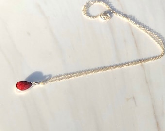 Ruby Teardrop Necklace: Sterling Silver Gemstone, 18 Inch Chain