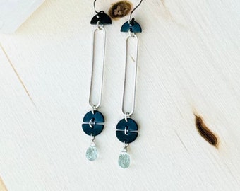 Genuine Aquamarine Teardrop Earrings, Mixed Metal Aquamarine Drop Earrings, Long Oval Gemstone Earrings, Ice Blue Aquamarine Earrings, Gift