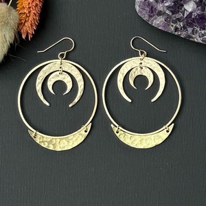 Hammered Triple Moon Earrings, Gold Statement Earrings For Women, Hammered Crescent Hoops, Boho Hoop Earrings, Celestial Dangle Earrings