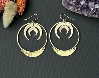 Hammered Triple Moon Earrings, Gold Statement Earrings For Women, Hammered Crescent Hoops, Boho Hoop Earrings, Celestial Dangle Earrings