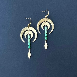 Ombre Chrysoprase Earrings, Chrysoprase Jewelry, Green Gemstone Earrings, Gold Celestial Hammered Stone Earrings, Unique Boho Crescent Drops