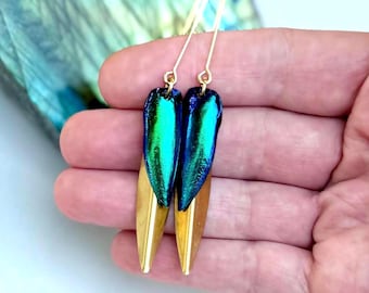 Iridescent Beetle Wing Earrings: Green & Blue Elytra, Lightweight Brass