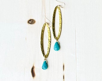 Long Oval Turquoise Earrings, Hammered Turquoise Drop Earrings, Gold Bohemian Earrings, Blue Gemstone Earrings, Turquoise Jewelry, Gift For