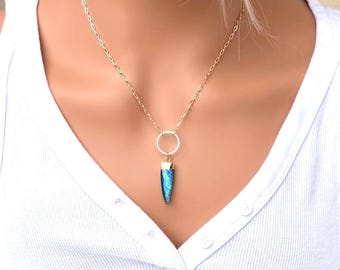 24K Gold Electroplated Labradorite Pendant Necklace, Adjustable Paperclip Chain