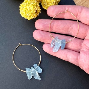 Raw Aquamarine Earrings, Gold Filled Aquamarine Crystal Hoops, Raw Gemstone Hoops, March Birthstone Earrings, Aquamarine Slice Hoops image 8
